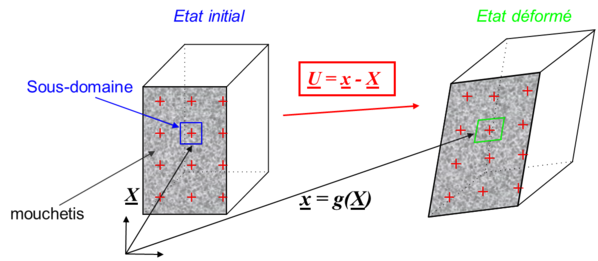 APPLICATION DE LA CORRÉLATION D'IMAGES NUMÉRIQUES EN GALERIE SOUTERRAINE - <p>Figure 1. Principe de la corrélation d’images numériques (CIN). Le vecteur déplacement d’un sous-domaine donné, U, est calculé comme la soustraction du vecteur position de ce sous-domaine dans l’état déformé, x, par le vecteur position du même sous-domaine dans l’état initial, X (image de référence). Le vecteur position x est fonction du vecteur position X via une transformation matérielle notée g qui intègre des hypothèses cinématiques (continuité ou non du déplacement dans le sous-domaine, rotation du sous-domaine, etc.).</p>