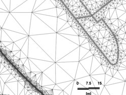 Vue en plandu maillage auxéléments finis dumodèle Feflow©,et zoom sur uneparoi