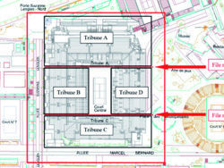 Extrait du plan topographique du site du trianglehistorique de Roland-Garros et repérage des tribunes.